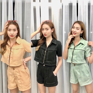 🦋ชุดเซ็ทเสื้อกางเกงขาสั้น Cutie Zip Set🦋-brown black green