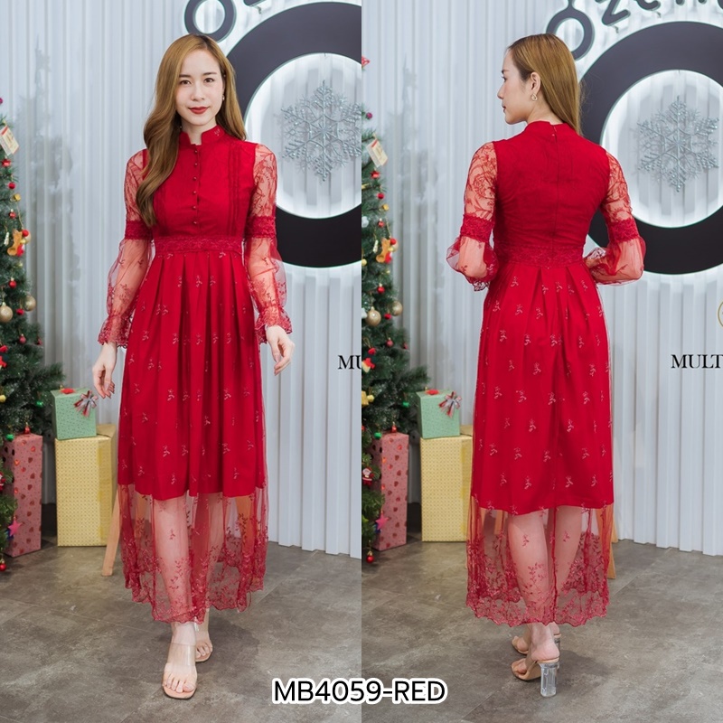 (S-2XL) เดรสยาวคอจีนแขนลูกไม้ซีทรู สีแดง M4059