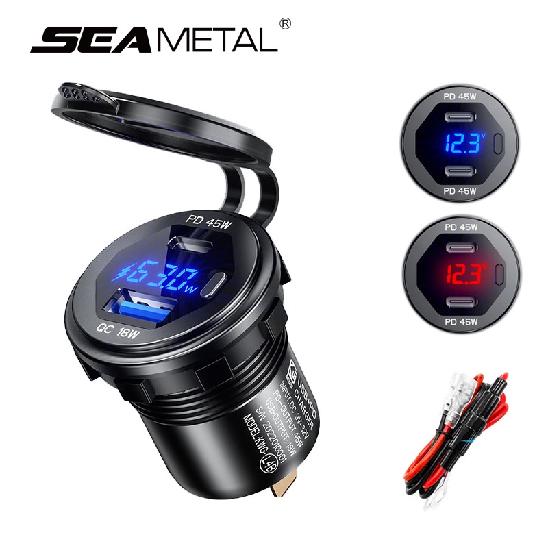 ซ็อกเก็ตชาร์จ USB TypeC PD 12V-24V พร้อมสายเคเบิลชาร์จ หน้าจอ LED สําหรับรถยนต์ รถบรรทุก เรือ รถตู้ มอเตอร์