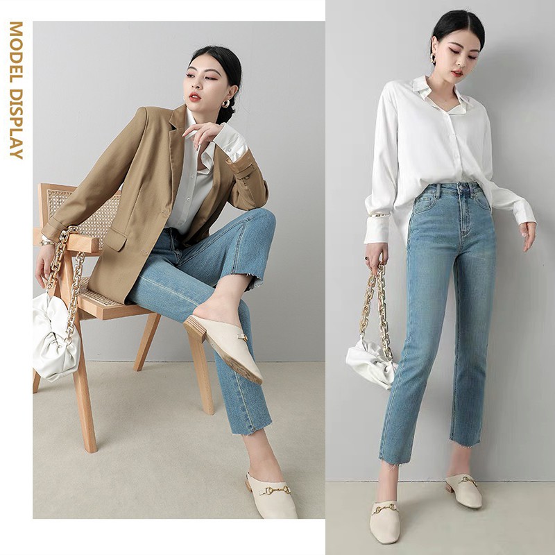 Jean Girl กางเกงยีนส์ผู้หญิง เอวสูง ยืด ทรงเดฟ กระเป๋าเดินลาย สีสนิม กางเกงผู้หญิกางเกงยีนส์ผู้หญิงหน้าร้อน
