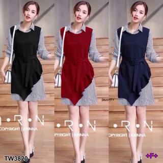 Set 3 ชิ้น เดรสเชิ้ตลายริ้ว+เสื้อกั๊กตัวนอก+เข็มขัด KP3820