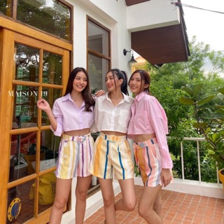 🍑 กางเกงขาสั้นลายทาง+เข็มขัด มี3สี เหลืองส้ม ขาวม่วง ชมพู เนื้อผ้าปริ้นส์ 🌈