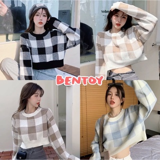 Bentoy(95019)เสื้อสเวตเตอร์ไหมพรม เสื้อครอป แขนยาว ลายสก๊อต คอกลม น่ารัก