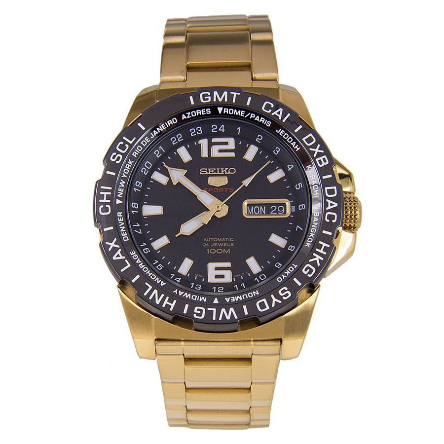 SEIKO 5 Automatic Sports GMT Watch นาฬิกาข้อมือผู้ชาย สีทอง สายสแตนเลส รุ่น SRP690K1