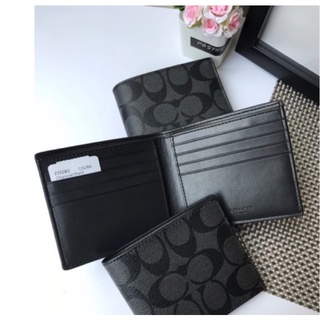 พร้อมส่ง แท้ 🇺🇸💯% New Coach กระเป๋าสตางค์ ผู้ชาย รุ่น DOUBLE BILLFOLD WALLET IN SIGNATURE COACH F75083 CHARCOAL/ BLACK