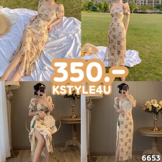 KSTYLE4U เดรสเเขนเจ้าหญิง #6653 ลายดอกกุหลาบ โบว์ตั๋น เดรส เสื้อผ้า เดรสยาว เดรสเกาหลี