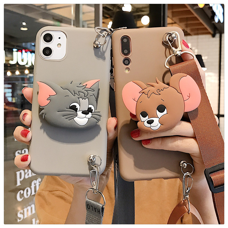 With lanyard Samsung Galaxy S20Ultra S20 Plus S10 5G S10 Plus S10E Note20 Plus A91 Cartoon Tom Jerry Phone Case Samsung Note10 Pro Note9 Note8 Note5 Casing S8 Plus S7 Edge S6 Edge Folding phone holder  Phone Casing