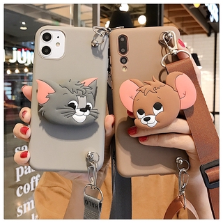 With lanyard Samsung A8 A6 Plus A5 2017 A520 A5 2016 A510 A7 2018 A750 Soft Phone Cases Folding phone holder Casing Samsung M30s M30 A40s M20 M10 A10 M80s M60s Phone Cases Cartoon Tom Jerry Cover