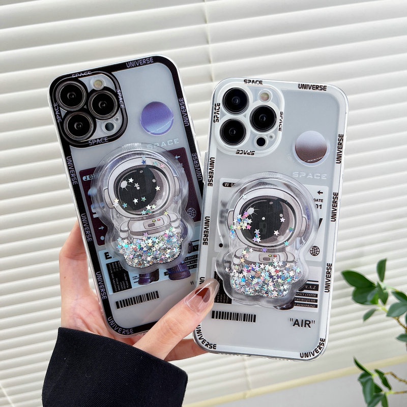 เคส iPhone 15 14 13 12 11 Pro Max X XR XS Max 8 7 6 6S + Plus SE 2020 iPhone15 iPhone14 iPhone13 iPhone12 iPhone11 iPhoneX iPhoneXS iPhoneXR iPhone8 iPhone7 iPhone6 iPhone6S Transparent Astronaut Flowing Water Stand Soft Case