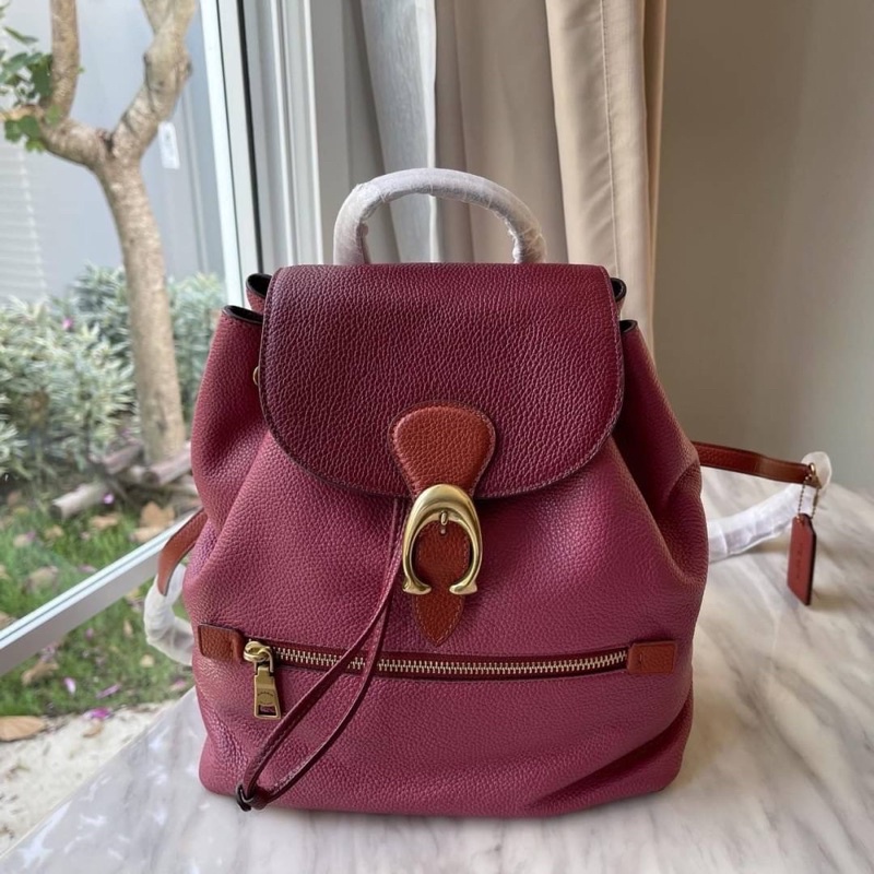 (ผ่อน0%) กระเป๋า เป้ หนังแท้ งานshop สีแดง Coach Evie Backpack In Colorblock Leather 76534