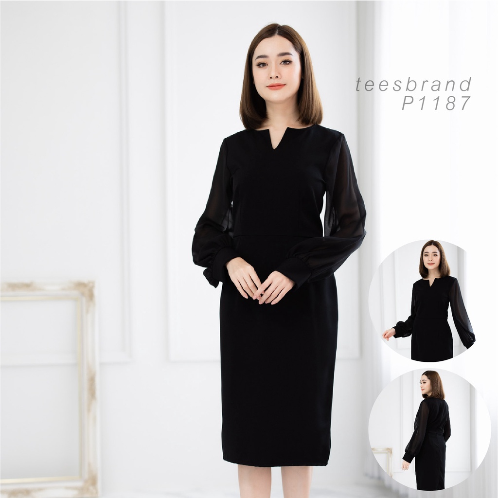 TEESBRAND ชุดทำงานฮานาโกะ สีดำ T1187 ทรงสอบ คอปีกกา แขนยาวผ้าชีฟองเนื้อดี ชุดสุภาพ ใส่งานพิธี สินค้าพร้อมส่ง
