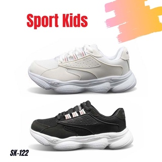 Sport Kid รองเท้าผ้าใบแฟชั่นเด็ก รุ่น SK122 WHITE BLACK ผูกเชือก น้ำหนักเบา ใส่สบาย รองเท้าพละ นักเรียน ใส่เที่ยว