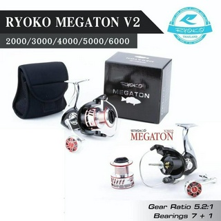 รอกสปิน Ryoko Megaton V2 เบอร์ 4000-5000-6000 (แถมกระเป๋าทุกกล่อง) ลูกปืนสแตนเลส 7+1 แขนเกลียว กำลังเบรคสูง 13Kg.