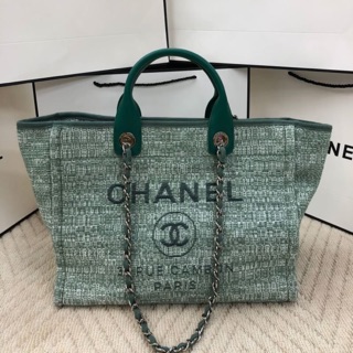 Chanel tote shopping ผ้าทวีต ผ้ากระสอบ ชาแนล ไฮเอน 39cm เขียว