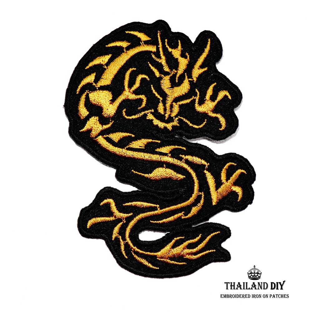 [ ตัวรีดติดเสื้อ ลาย มังกร สีเหลืองทอง ] Gold Dragon tattoo Patch งานปัก ลายสัก DIY ตัวรีด เสื้อ ยีน