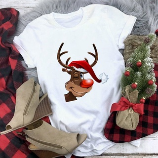 Christmas Reindeer Pattern Printingt Shirt Women Fashion Merry Christmas Harajuku T-shirt White Hipster Suitable All 471