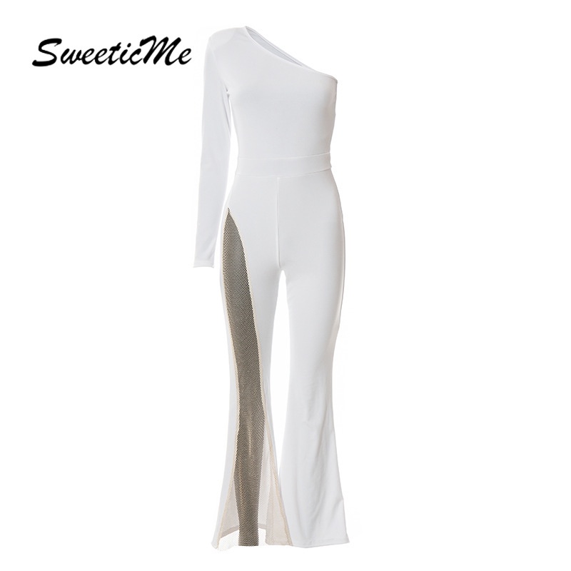 SweeticMe จั๊มสูทเย็บตาข่ายเปิดไหล่แข็งใหม่ของผู้หญิง