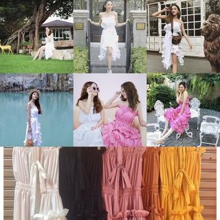 ชุดเดรสยาว เกาะอก งานดี ระบาย น่ารัก มีเชือก ผูกเอว