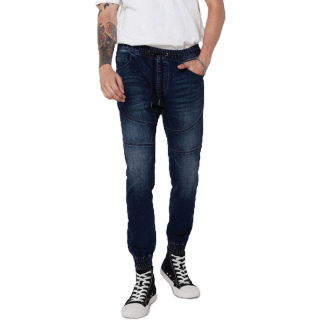 DAVIE JONES กางเกงจ็อกเกอร์ ยีนส์ เอวยางยืด สีฟ้า สีกรม Drawstring Denim Joggers in light blue navy DN0014MN NV