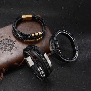 เครื่องประดับ สร้อยข้อมือ หนังถัก สเตนเลส สไตล์วินเทจ แฟชั่นสําหรับผู้ชาย 21 ซม.