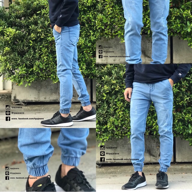 (เอว28”-44”)JXP Jogger jeans กางเกงขาจั้มชายสีบลูฟอกซีด เอวยาง มีเชือกผ้ายืด Size 28-54 รับชำระปลายทาง