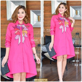 Granddesignplus NR720 **สีชมพูเข้ม**อก 43"STYLENANDA Graphic Embroider With Korea Cotton Shirtdress