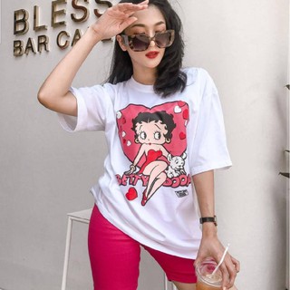 เสื้อยืดสีขาว เสื้อยืดขาว สีพื้น แขนสั้น Oversize ลายการ์ตูน Betty Boop (ยืดขาว/เบ็ตตี้หลายใจ)