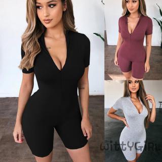 w ชุดจัมพ์สูทสําหรับสตรีแขนสั้นสีพื้น bodycon