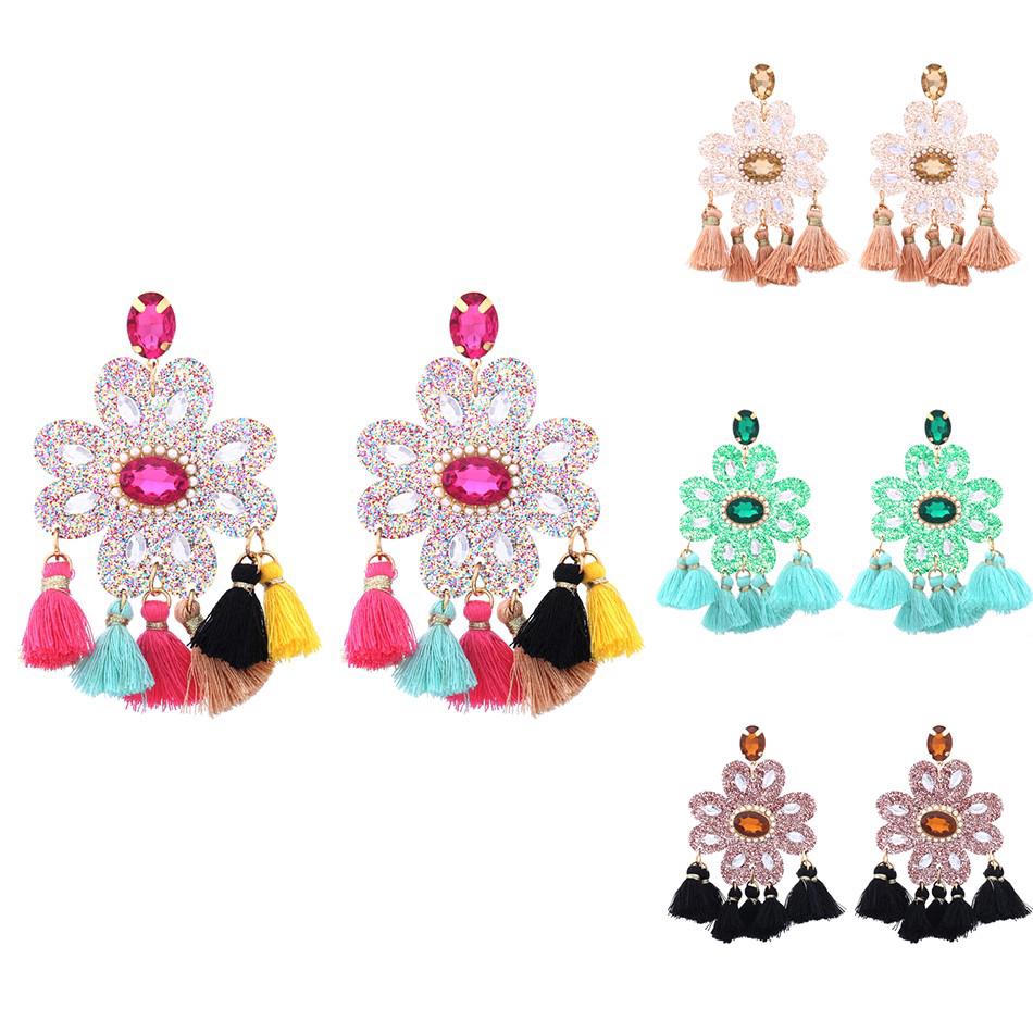 ต่างหูดอกไม้ที่มีสีสันตำบลโบฮีเมีย Multicolor Rhinestone Flower Bohemia Colorful Gemstone Drop Earrings