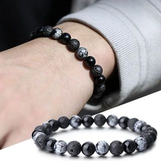 กำไลข้อมือหินนำโชคแท้ หินสีดำ หินมูเตลู Onyx + Lava stone + Snowflake