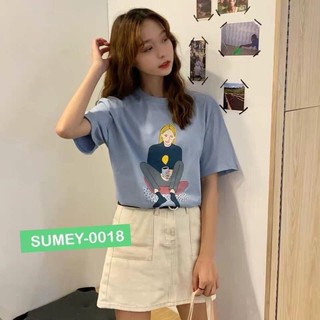 เสื้อยืดคอกลม ลายการ์ตูน สีฟ้า ทะเล