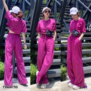 Set 2 ชิ้น เสื้อคอกลมแขนสั้น ทรงครอป มีกระเป๋าหน้าอก มาพร้อมกางเกงขายาว เอวยางยืด มีสายรูดผูกเอว