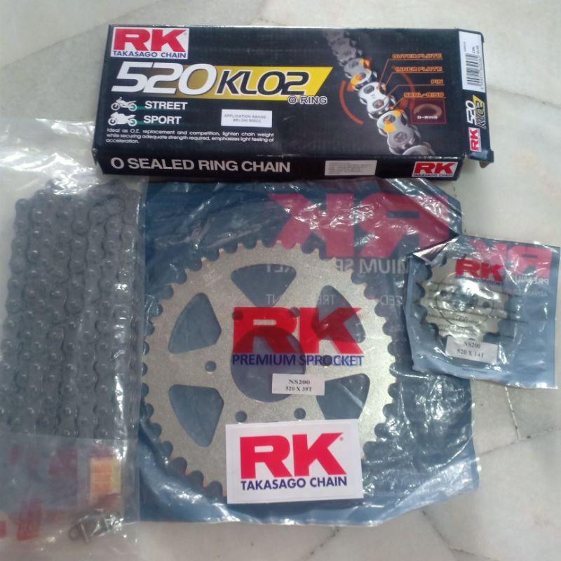 RK SPROCKET ชุดสําหรับ Modenas Pulsar NS200/RS200 520/14-38/39T + RK 520KLO2 (520 NORMAL O-Ring Chai