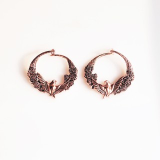 SWAN - Valentine Earring  ต่างหูห่วง เงินแท้รมดำ ดีไซน์รูปนก ดอกกุหลาบ