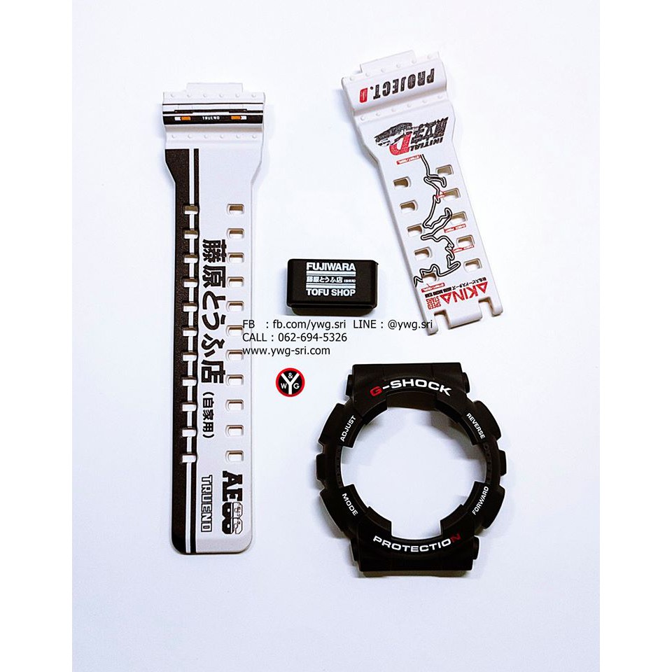 กรอบสาย G-SHOCK แท้ ดำฟอนต์ขาวสลับแดง สายขาวสกรีนลาย Initial D Toyota AE86 ใส่ได้รับรุ่น GA-100,GA-1