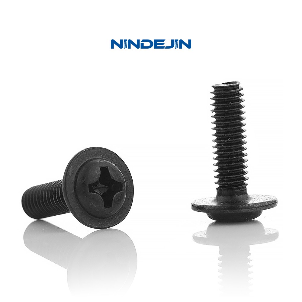 NINDEJIN 40-100 pcs M2 2.5 M3 M4 คาร์บอนสตีลข้ามฟิลลิปสกรูหัวสกรูหัวเครื่องซักผ้าปลอกคอเครื่องสกรู PWM