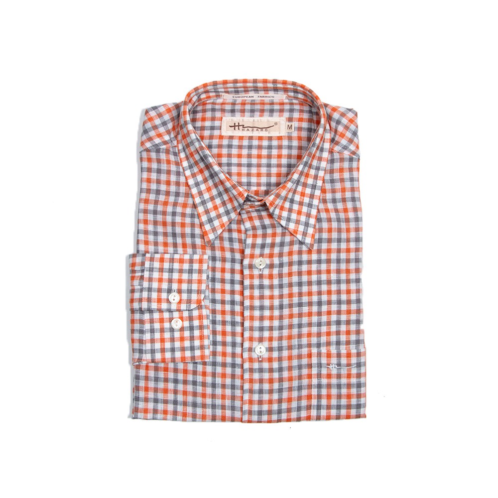 Hazard เสื้อเชิ้ตทำงานแขนยาวลายสก็อต Linen(ลินิน) สีส้มกลาง