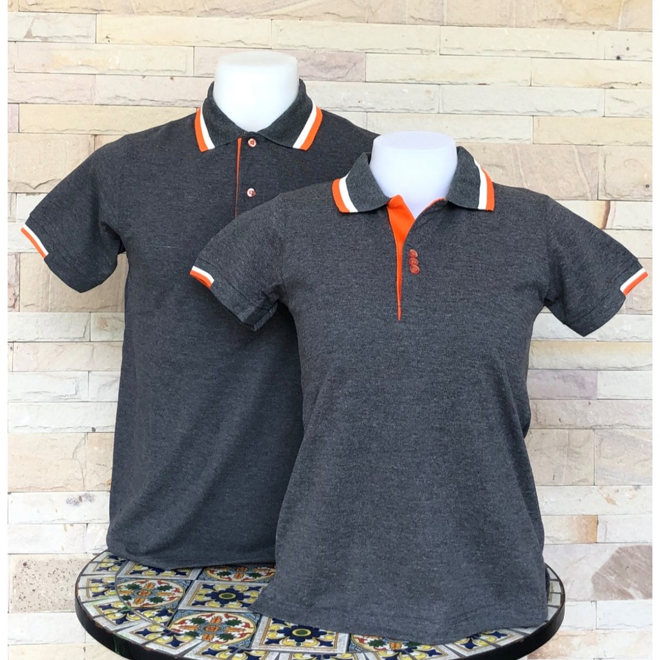 เสื้อโปโลหญิง สีเทาท๊อปดำปกขลิบครีมส้ม เนื้อผ้านุ่ม สวมใส่สบาย มีทั้งแบบชาย และแบบหญิง แบบเด็ก