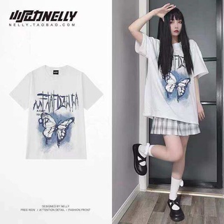 เสื้อยืดสีขาว เสื้อยืดแขนสั้นทรงหลวมเกาหลี ลายผีเสื้อ  เสื้อยืดวัยรุ่น  เสื้อผ้าแฟชั่น เสื้อโอเวอร์S-4XL