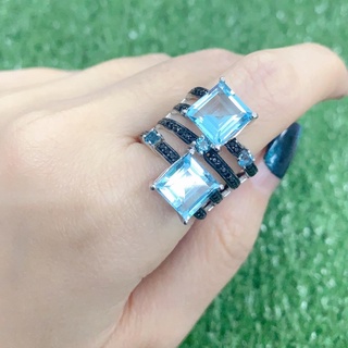 แหวนเงินแท้ พลอยแท้ บลูโทพาส และ นิล Sky Blue Topaz and Black Spinel