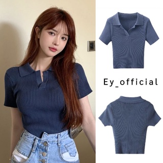 Ey_official#3238#พร้อมส่งค่ะเสื้อครอปแขนสั้นคอปกแต่งร่องเล็กผ้าไหมพรม