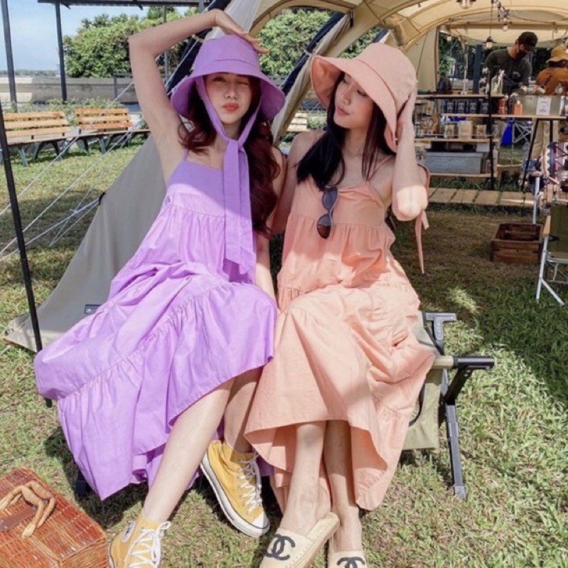 PE051 TARA Set Dress สายเดี่ยวเดรส ชุด+หมวก มียางสม็อกหลัง พร้อมหมวกปีกกว้าง เนื้อผ้าไหมอิตาลี ผ้าสวย พริ้ว เบาแต่ไม่บาง ราคา ถูกที่สุด ดีลบีเคเค