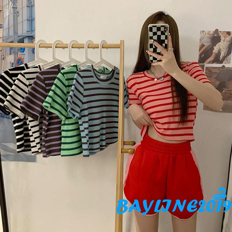 Bay-Women Summer Casual Crop Tops, Stripe Printed Short Sleeve Round Neck Knitted Tops #8