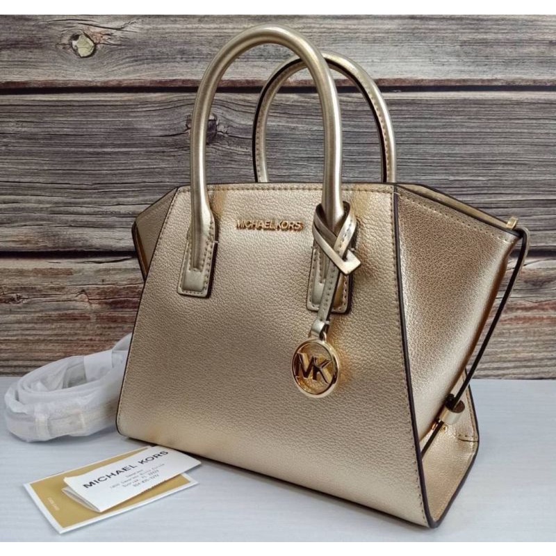 Michael Kors Avril Small Leather Top-Zip Satchel สี Pale Gold ออก เมทาลิค ขนาด 12.25"W X 7.5"H X 5.2