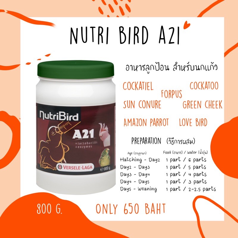 Nutri bird A21 อาหารลูกป้อน นกค๊อกคาเทล ฟอพัส ซันคอนัวร์