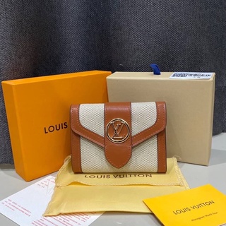 LOUIS VUITTON WHITE CANVAS AND BROWN LEATHER FOLDING WALLET กระเป๋าสตางค์ใบสั้น 3 พับ แบรนด์หลุยส์วิตตอง หนังแท้สีน้ำตาล