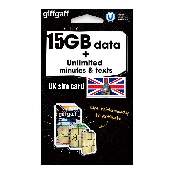 UK Travel Sim Card 30days 15GB พร้อมการโทรและ SMS ไม่จํากัด โดย Giffgaffi