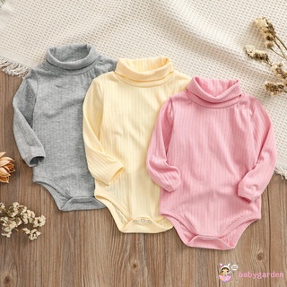 BABYGARDEN-Unisex Baby Romper, Solid Color High Collar Long Sleeve Ribbed Bodysuit for Spring Fall, 0-18 Months