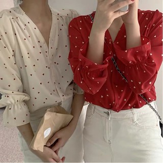 (แดงพร้อมส่ง)พรีออเดอร์💕เสื้อเชิ้ต เสื้อลายหัวใจ เสื้อผ้าสไตล์เกาหลี