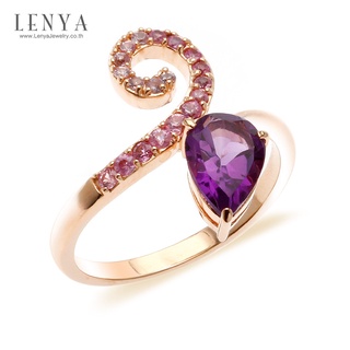 Lenya Jewelry แหวนเงินแท้ 925ประดับพลอยทรงหยดน้ำสีม่วง อะเมทิสต์(Amethyst) และแซฟไฟร์สีชมพู(Pink Sapphire) ชุบทองชมพู